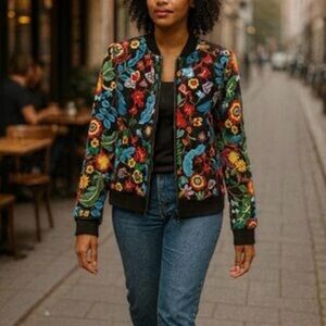 Gaby & Edén Flowers Embroidered Mesh over Satin Bomber Jacket Size Medium